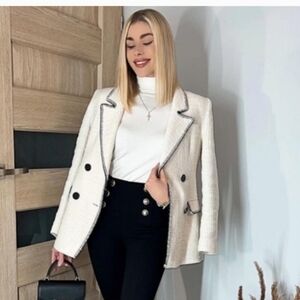 Zara Textured White Brown Button Blazer size Medium